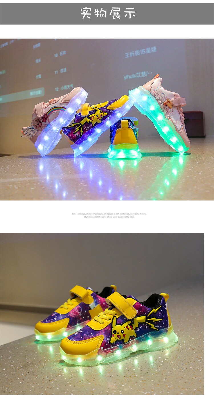 Zapatillas de deporte Pokemon LED para niños, zapatos deportivos de Pikachu para correr, baloncesto, tenis transpirables, zapatos luminosos informales para niños